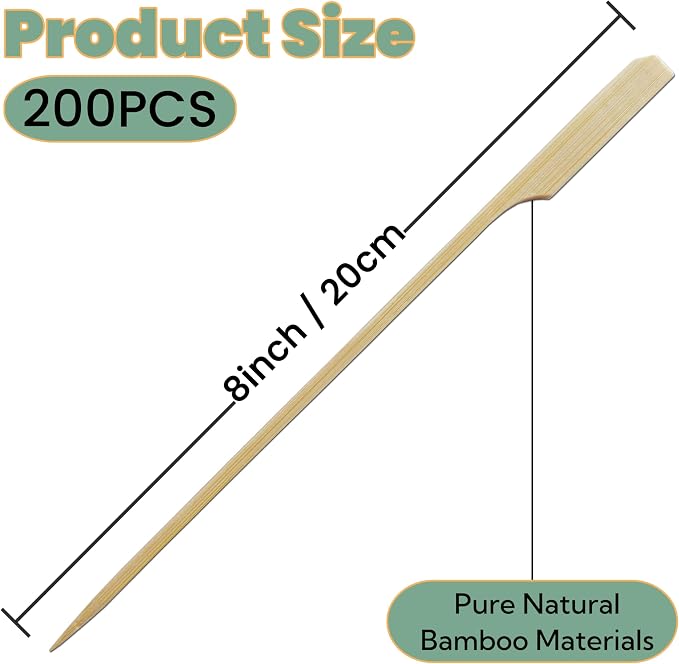 8 Inch Bamboo Skewers 200 PCS Kabob Skewers Grilling Bamboo Sticks for Fruit Kabobs Wooden Paddle for BBQ (8 Inch)
