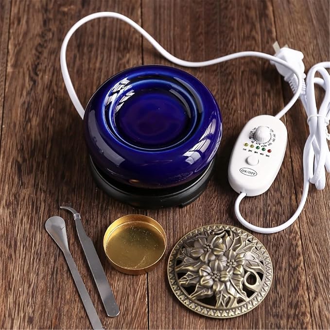 Electric Resin Burner with Timer, Ceramic Electric Incense Burner, Burner Censer 110V for Home Porch, Patio, Garden, Office, Yoga, Living Room, Meditation Room （Blue）