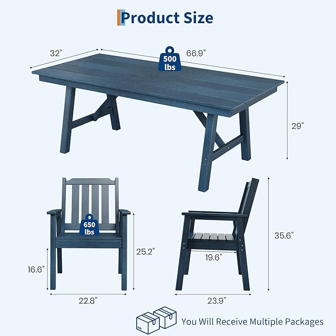 Garvee Outdoor Patio Dining Table Set for 4, 5 Piece Outdoor HDPE Dining Furniture Tables Set with Umbrella Hole, Aluminum Frame, All-Weather Garden Table and 6 Chairs for Backyard Poolside, Navy Blue
