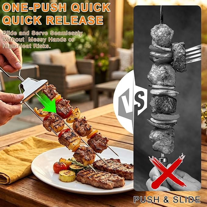 3 Prong Kabob Skewers for Grilling Set, 14.7" Stainless Steel Metal BBQ Skewers with Push-Off Slider, Silicone Basting Brush & Storage Bag, Reusable Shish Kabob Skewers for Meat & Vegetables