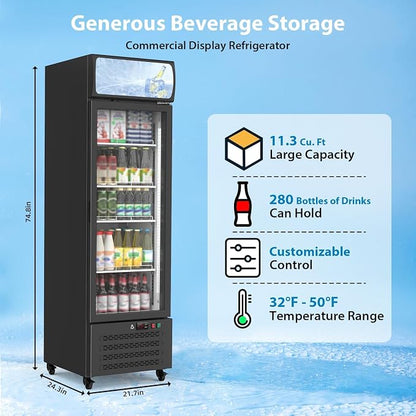 17.6 Cu.Ft Commercial Display Refrigerator,Glass Door Beverage Cooler with Adjustable Shelves,LED Lighting & Advertising Panel, Mobile Design