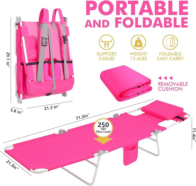 3 in 1 Women Comfort Backpack Beach Tanning Lounge Chair with Cushion Face Hole Softer Adjustable Washable, Layout Sun Chair for Adults Outside Reading Sunbathing Poolside, 6 Position, 2 Pack, Pink