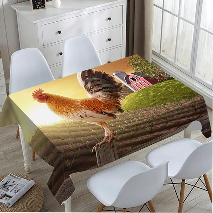 TKS MITLAN Rooster Decorative Rectangle Tablecloth Sunrise Rooster Hen Farm Fence Polyester Table Cloth Kitchen Cover for Dining BBQ Picnic Coffee Table 60 x 84 Inch 6-8 Seats