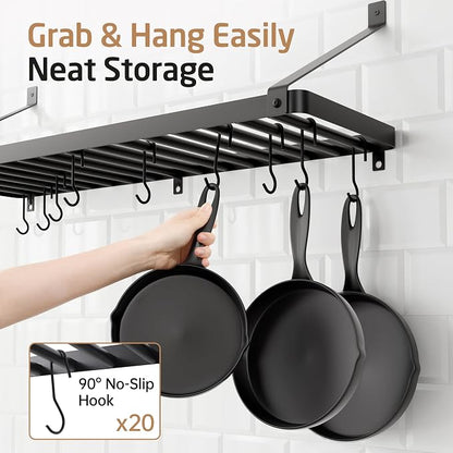 KES 75 lb High-Capacity Pot Rack Wall Mounted with Pot Lid Holder 34 Inch | Heavy Duty Pots and Pans Hanging Rack with 3X Thick One-Piece Frame & 20 Hooks, Drilling Template Provided, Matte Black