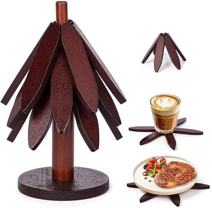 DecBeLiv Foldable Tree Trivet Wooden Hot Plate Holder, Bamboo Trivet for Hot Dishes, Heat-Resistant Pot Holder Tree for BBQ, Picnic, Outdoor Dining & Kitchen Decor(Walnut-3)