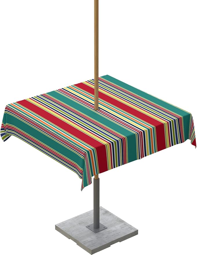 Green Red Striped Outdoor Tablecloth - 54x54 Inch Square Dining Table Cover, Farmhouse Colorful Stripes Waterproof Outdoor Table Cloth with Umbrella Hole & Zipper for Picnic/Patio/Party