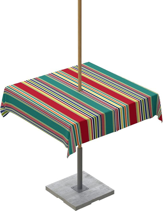 Green Red Striped Outdoor Tablecloth - 54x54 Inch Square Dining Table Cover, Farmhouse Colorful Stripes Waterproof Outdoor Table Cloth with Umbrella Hole & Zipper for Picnic/Patio/Party