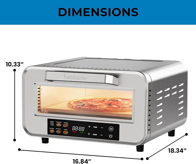 Kenmore Indoor Electric 12 inch Pizza Oven - 750°F High Heat for Wood Fired Style, 5 Presets, Pizza Stone & Peel, Stainless Steel Horno Electrico