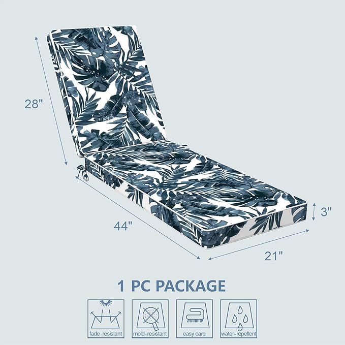 LVTXIII Outdoor Chaise Lounge Cushion 72x21x3 Inch, Water-Repellent Patio Seat Cushion with Ties & Hidden Zipper, Thick Foam Pad for Lawn Chair, Poolside, Patio Furniture, Palm Blue