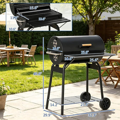 Portable Charcoal Grill with Foldable Side Shelf & Bottom Shelf, BBQ Smoker with Wheels and Adjustable Lid Vents for Picnic, Camping, Backyard Cooking (32.25" x 30" x 40.5")