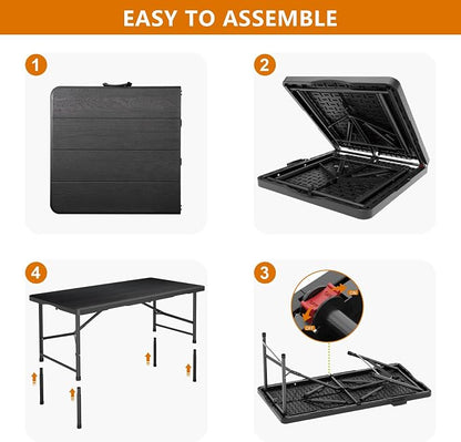 4 Ft Folding Table Wood Grain Desktop & 350lbs Weight Capacity | Plastic Folding Table Heavy Duty Portable Table for Indoor & Outdoor Premium Solutions for Camping,Picnic,BBQ and Party