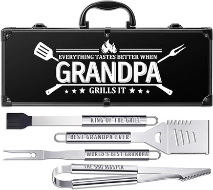 Grandpa Gifts from Grandkids, Grilling Accessories, Heavy Duty Stainless Steel BBQ Grill Tools for Outdoor Grill with Aluminum Case, Grandpa Grill Utensils Ideal Fathers Day Grilling Gift