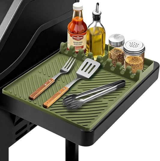 Silicone Griddle Tools Mat for Blackstone Weber, Extra Large 16" x 11.6" Spatula Mat with Drip Pad, Heat Resistant BBQ Accessories Organizer for Outdoor Grill Side Shelf, BBQ Gifts for Men