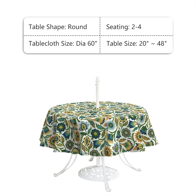 LVTXIII Round Outdoor Tablecloth with Umbrella Hole and Zipper, Water-Repellent 60 Inch Patio Table Cover for Bistro, Garden, Patio & Picnic, Fiesta Floral