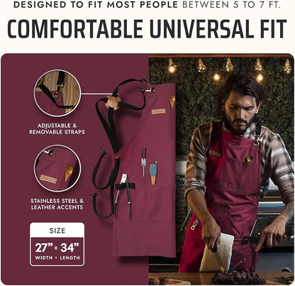 Asaya Chef and BBQ Apron with Bottle Opener and Hand Towel - 10oz Cotton Canvas, Stainless Steel Hardware - Cross Back Straps