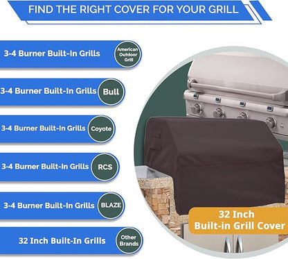 Covers & All Built-in Grill Cover for Outdoor Grill – Heavy Duty 12 oz Waterproof Built-in BBQ Grill Cover, PVC-Coated Polyester with Elastic Hem for Snug Fit (32.7 x 26 x 11.8 inches, Coffee)
