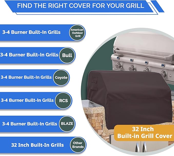 Covers & All Built-in Grill Cover for Outdoor Grill – Heavy Duty 18 oz Waterproof Built-in BBQ Grill Cover, PVC-Coated Polyester with Elastic Hem for Snug Fit (32 x 26 x 24 inches, Coffee)