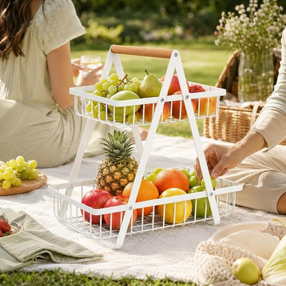 mahueeol 2-Tier Countertop Fruit Basket with Wooden Handle, Detachable | Detachable metal baskets with wooden handle for fruits, vegetables, bread and snacks in kitchens, pantries or dining rooms