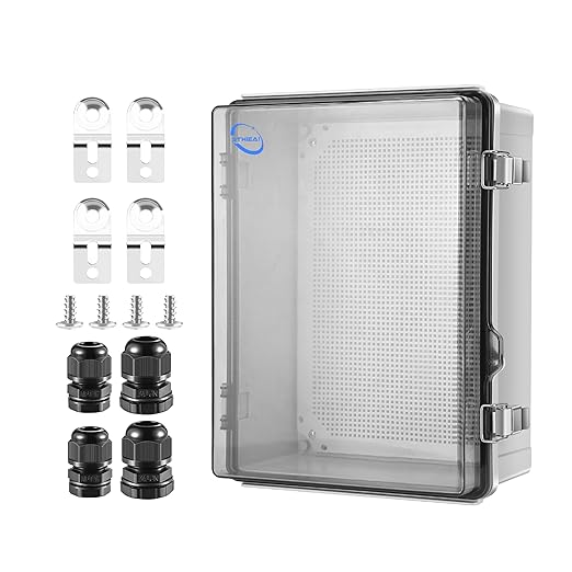 RTHIEAI Waterproof Outdoor IP67 Junction Box(16.1"x12.2"x7.1") with Mounting Plate, Hinged Clear Cover and Wall Brackets - Weatherproof ABS Plastic Electrical Enclosure for DIY Projects(410x310x180mm)