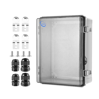 RTHIEAI Waterproof Outdoor IP67 Junction Box(16.1"x12.2"x7.1") with Mounting Plate, Hinged Clear Cover and Wall Brackets - Weatherproof ABS Plastic Electrical Enclosure for DIY Projects(410x310x180mm)