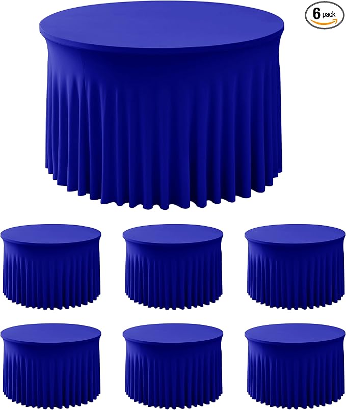 Fitted Royal Blue Spandex Table Skirts for Wedding Party,60 Inch Round | 6 Pack Spandex Table Covers, For 5 Ft Wedding Cake Tables, Wrinkle Resistant, Ruffle Design Banquets, Baby Showers, Parties