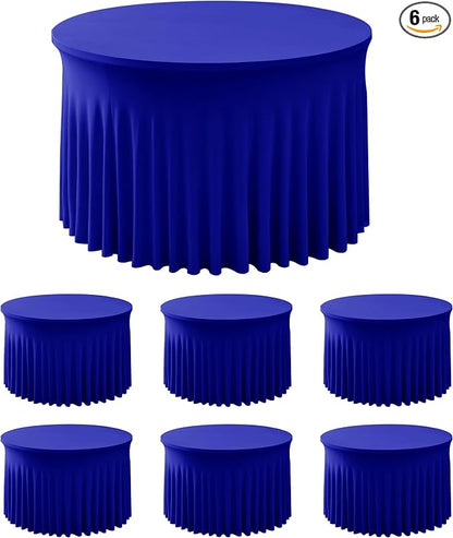Fitted Royal Blue Spandex Table Skirts for Wedding Party,60 Inch Round | 6 Pack Spandex Table Covers, For 5 Ft Wedding Cake Tables, Wrinkle Resistant, Ruffle Design Banquets, Baby Showers, Parties