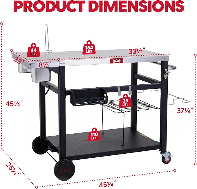 Feasto Outdoor Pizza Prep Cart with Topping Station & Stainless Steel Top | Integrated Pizza Topping Station with Lid, Food-Grade Prep Tabletop, Lockable Wheels (2x1.5L+2x0.9L Containers Included)