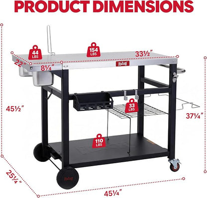 Feasto Outdoor Pizza Prep Cart with Topping Station & Stainless Steel Top | Integrated Pizza Topping Station with Lid, Food-Grade Prep Tabletop, Lockable Wheels (2x1.5L+2x0.9L Containers Included)