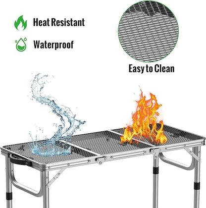 GARLLEN Folding Grill Table, 3 Adjustable Height Portable BBQ Table with Heat-Resistant Mesh Tabletop, Lightweight Aluminum Camping Tables for Outdoor, Grill, Picnic, 34.2" L x 15.7" W, Silver