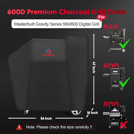 Comnova Grill Cover for Masterbuilt Gravity Series 560/600 Digital Charcoal Grill and Smoker, Waterproof & Heavy Duty, 600D Charcoal Grill Cover for MB20040220, Black (56" x 18" x 47")