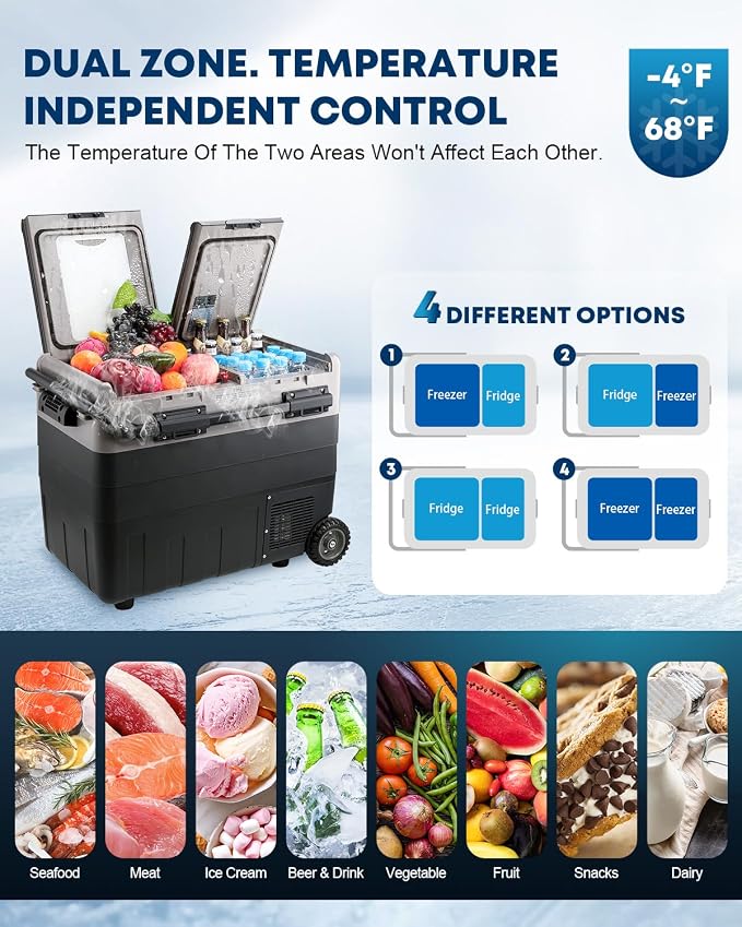 Kohree 12V Car Refrigerator, 53 Quart (50L) Car Fridge for Camping | Electric Cooler with Handle, Wheels, Dual Zone, Dual Door, 4℉-68℉, 12/24V DC, 100-240V AC, Portable Freezer