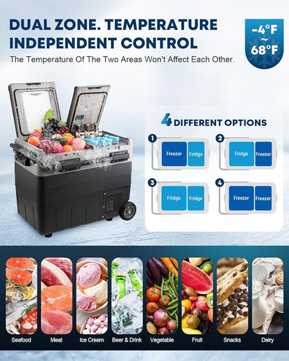 Kohree 12V Car Refrigerator, 53 Quart (50L) Car Fridge for Camping | Electric Cooler with Handle, Wheels, Dual Zone, Dual Door, 4℉-68℉, 12/24V DC, 100-240V AC, Portable Freezer