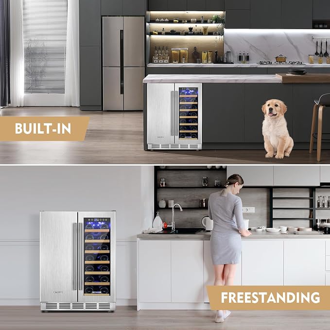ORYMUSE Wine and Beverage Refrigerator Dual Zone, 24" Undercounter Beverage Fridge for Soda, Water and Beer, Built-in/Freestanding, Holds 20 Bottles & 88 Cans, Stainless Steel