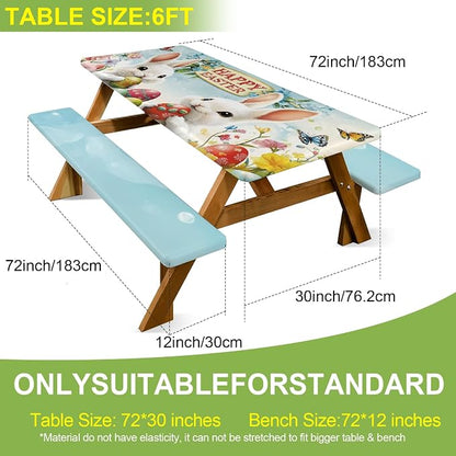 ANNA QUEEN Easter Garden 6FT Picnic Table Cover with Bench Covers Set of 3 with Drawstring Bag, Bunny Eggs Flowers 72"x30" Waterproof Picnic Tablecloth & Bench Covers for Outdoor Dining
