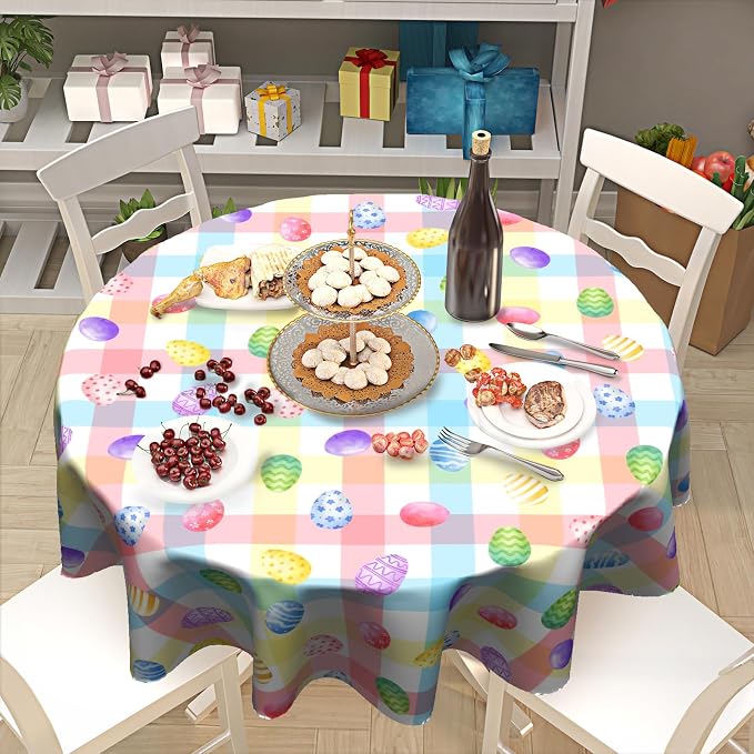 Sweetshow Easter Colorful Eggs Table Cloth Round Buffalo Check Plaid Tablecloth 70 Inch Decor Washable Stain and Wrinkle Spring Round Table Cover for Dining Picnic