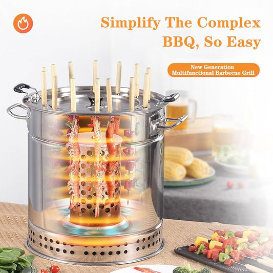 APLUSH Portable Vertical Charcoal Smoker Grill,Barrel Stainless Steel Split Oven, 360° All Round Roasting,Outdoor Camping Smokeless Charcoal Barbecue Hanging Stove,Large