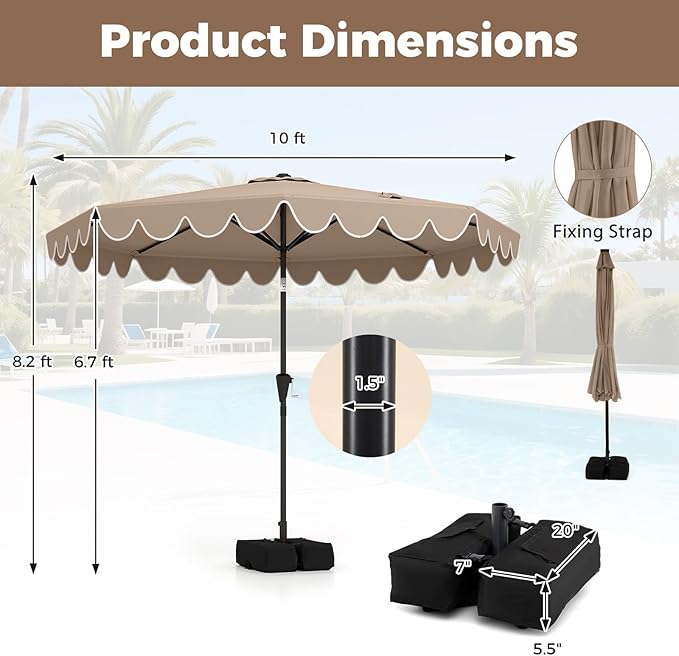Tangkula 10 FT Patio Umbrella with Base Included, 2-Tiers Outdoor Scalloped Table Umbrella with 2 Sandbags, Tilt Adjustment, Crank, 8 Ribs for Market Backyard Pool Deck Beach Lawn