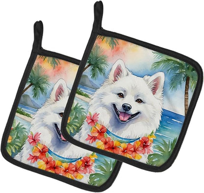 Caroline's Treasures American Eskimo Luau Pair of Pot Holders Kitchen Heat Resistant Pot Holders Sets Oven Hot Pads for Cooking Baking BBQ, 7 1/2 x 7 1/2