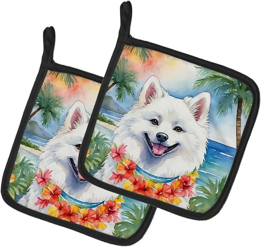 Caroline's Treasures American Eskimo Luau Pair of Pot Holders Kitchen Heat Resistant Pot Holders Sets Oven Hot Pads for Cooking Baking BBQ, 7 1/2 x 7 1/2