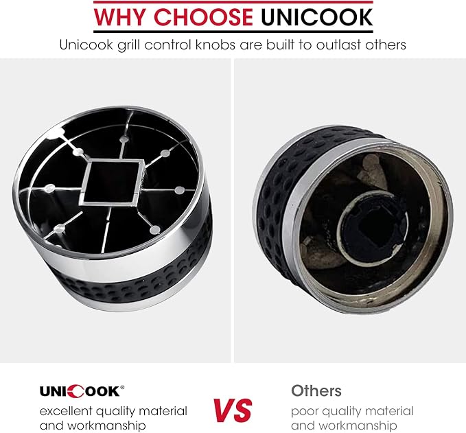 Unicook Grill Control Knob 4 Pack, Gas Burner Replacement, Chrome Plated Plastic with Nonslip Grip, Fits BBQ Gas Grills with D Shaped Valve Stem, Including 4 Knobs and 12 Adaptors