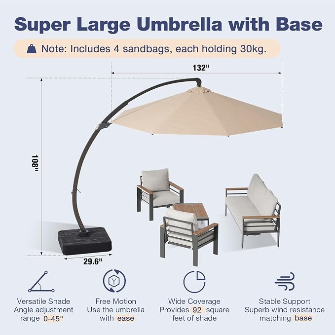 Aoxun Aluminum Patio Furniture Set with Umbrella 5 Seats, Oversized Outdoor Sectional with Washable Thick Cushions, Coffee Table, Patio Conversation Sets for Porch, Balcony, Deck