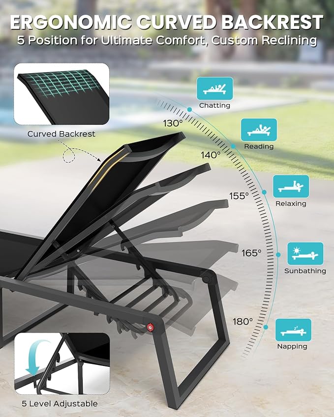 Aluminum Chaise Lounge Chair Outdoor, Foldable& No Assembly Patio Pool Lounge Chairs 5-Position Recliner for Outside, Fully Grounded Legs Sun Lounger for Poolside, Black, 2 Pack