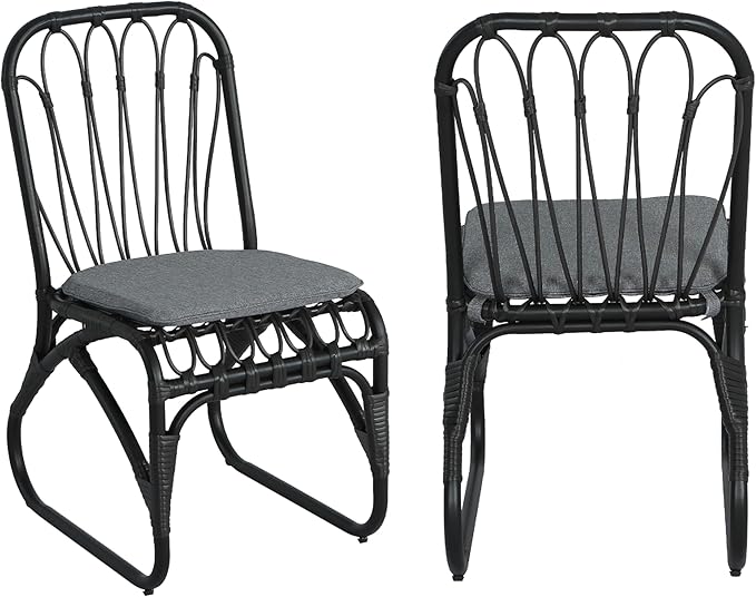 Christopher Knight Home Set of 2 Busby Patio PE Wicker Dining Chairs, Outdoor Woven Rattan Accent Chair with Iron Frame+Cushion, Fully Assembled Lounge Chair Outdoor for Garden/Balcony, Black+Grey