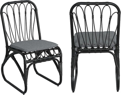 Christopher Knight Home Set of 2 Busby Patio PE Wicker Dining Chairs, Outdoor Woven Rattan Accent Chair with Iron Frame+Cushion, Fully Assembled Lounge Chair Outdoor for Garden/Balcony, Black+Grey