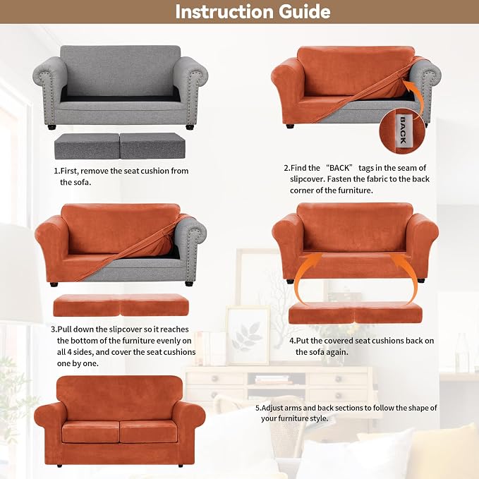 WEERRW Velvet Stretch 3 Pieces Couch Cover for Sofa Washable, Pumpkin | Love Seat Couch Covers for 2 Cushion Couch Sofa Furniture Protector slipcoves with Elastic Bottom for Kids, Medium