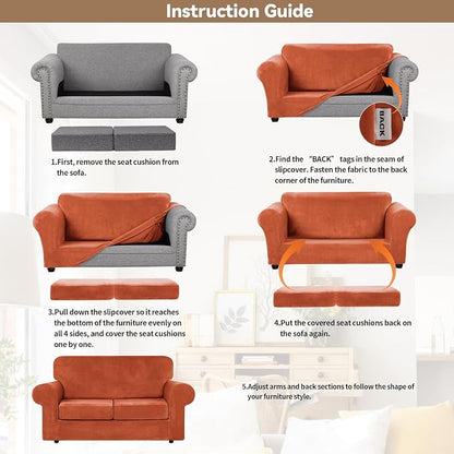 WEERRW Velvet Stretch 3 Pieces Couch Cover for Sofa Washable, Pumpkin | Love Seat Couch Covers for 2 Cushion Couch Sofa Furniture Protector slipcoves with Elastic Bottom for Kids, Medium
