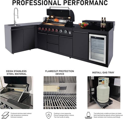 96" Modular Outdoor Kitchen Island with Side Burner, 6-Burner 95,500 BTU Propane BBQ Island, Refrigerator, Bar Counter, Integrated Sink & 3-Tier Corner Cabinet, Black