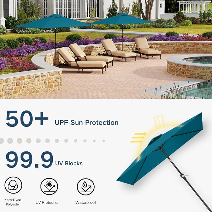 6.5' x 10' Rectangular Patio Umbrella Large Outdoor Market Umbrella w/UV Protection, Push Button Tilt and Crank Lift, Rectangle Table Umbrella for Garden, Deck, Pool, Patio, Lake Blue