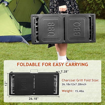 Portable Charcoal Grills for Outdoor BBQ, Large Barbecue Smoker with Adjustable Height, Foldable Kabob Cooking Grill for Garden Backyard Party Camping Picnic, Black