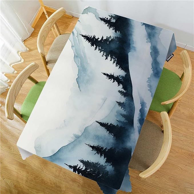 Swono Foggy Mountain 52"X70" Oblong Table Cloth Misty Forest Tree Hills Landscape Wrinkle Free Table Cover Farmhouse Tablecloth for Home Restaurant Picnic Indoor Outdoor Dining, Blue